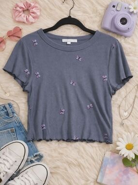 Rebellious One Y2k Gray Ribbed Crop Top with Purple Butterfly Embroidery Size L